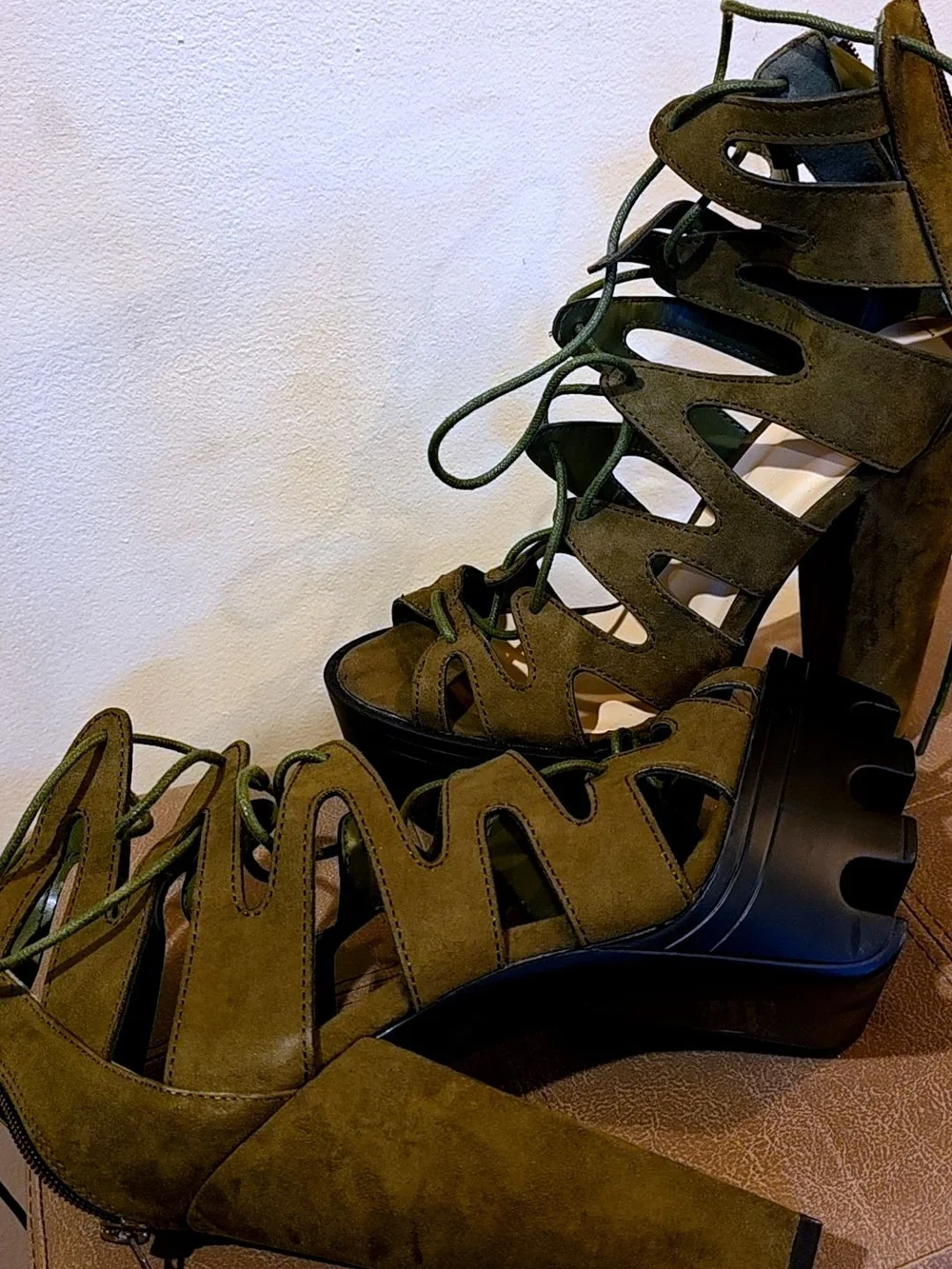 Lace-Up Cutout Platform Heeled Sandals - Olive Green